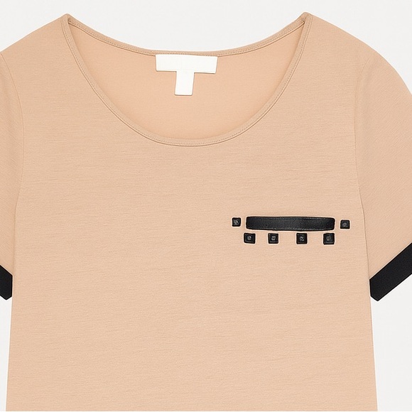 Lumière’ Tan & Black Sheer Hem Short Sleeve Blouse Size L with Studded Pocket - Picture 6 of 12